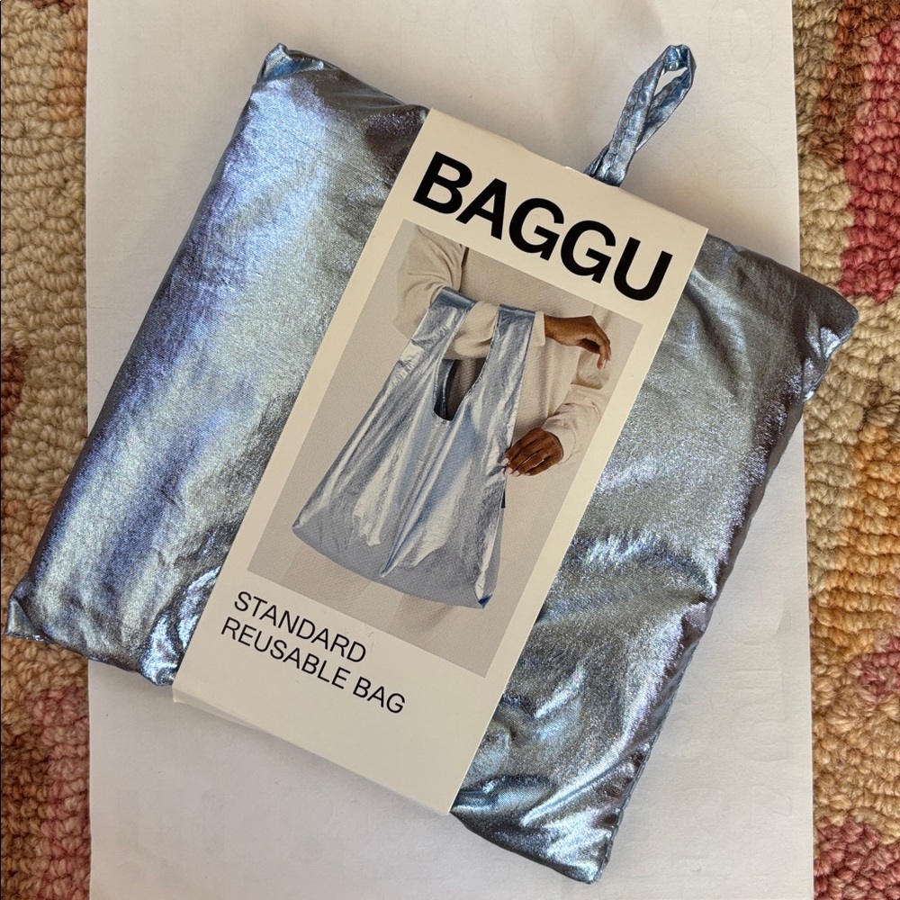 BAGGU Metallic Light Blue Standard Tote NWT Disco Ball dipped in Mediterranean - Picture 10 of 12
